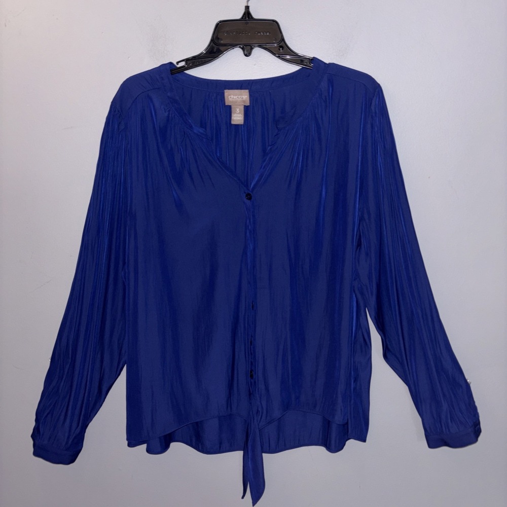 Chico's Navy‎ Blue Button Up Blouse Waist Tie Front Size XL (3) Careerwear